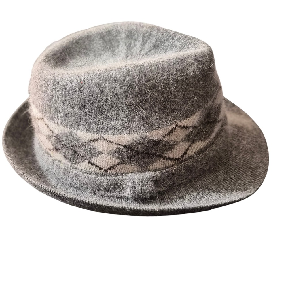 Angora Wool Blend Gray Fedora Hat Argyle Pattern Knit Fuzzy Winter Cap L/XL